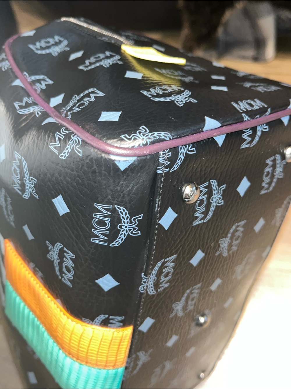 MCM Black monogram Leather Satchel with Purple Handles and Multicolor Patches - Picture 5 of 11